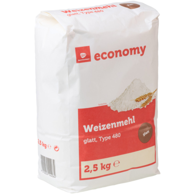 Economy Weizenmehl glatt Type 480 2,5 kg Preiswertes Qualitätsmehl für Kuchen, Gebäck und Strudel